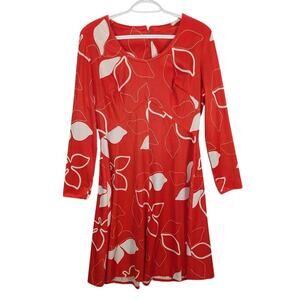 Vintage Red Floral Dress Womens 16 Long Sleeve Knee Length Retro 1970s Cottage